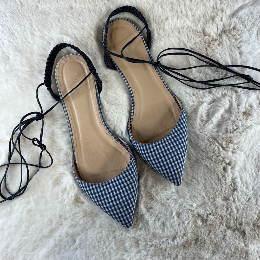 J. Crew Blue & White Gingham Sling Back Lace Up Flats Sz 8.5